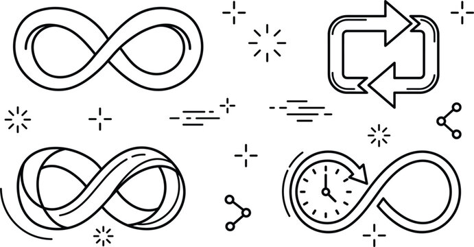 Infinity loop symbol and endless time line icon set with repeat arrow clock mobius strip eternity forever concept