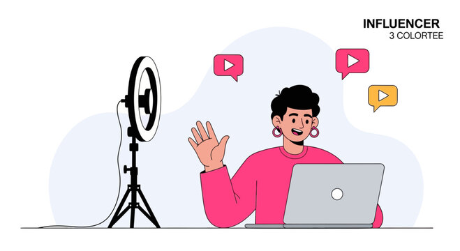 Young Influencer Creating Content with Ring Light and Laptop, Social Media Communication Concept