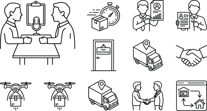 Job interview human resources recruitment and logistics delivery line icons set with resume handshake truck drone linear elements