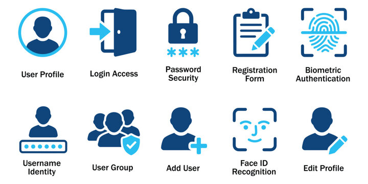 User profile solid icons and account login security glyph elements. Vector illustration of flat blue corporate personal identity logout password add member representing register website template.
