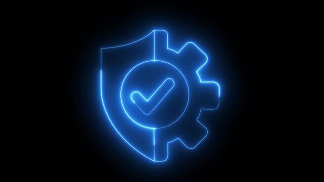 Neon shield and gear with checkmark, cybersecurity and system optimization concept protection cogwheel