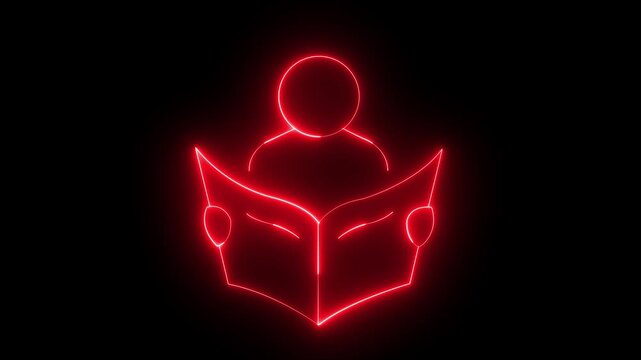Neon glowing reader animation, minimalist person reading book symbol, digital education concept