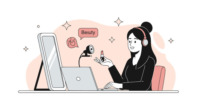 Young woman beauty vlogger recording makeup tutorial with lipstick and ring light, flat design illustration.