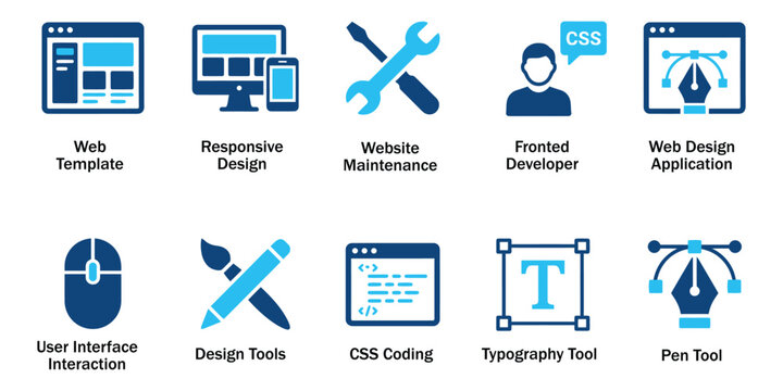 Web design solid icons and frontend development code glyph elements. Vector illustration of flat blue corporate responsive template pen tool typography representing css programmer template.