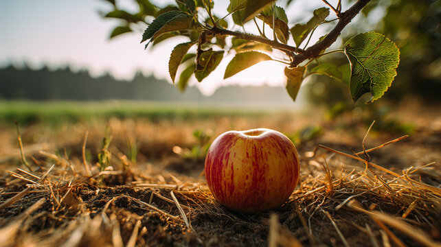 A vibrant red and yellow striped apple is centrally placed on a bed of dry, textured brown grass and dirt. Ai generated