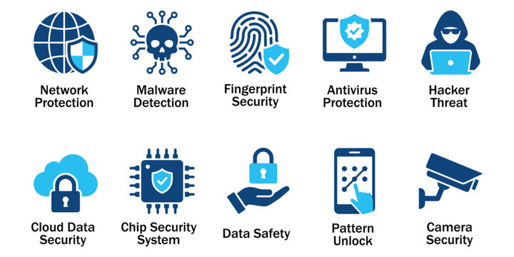 Cyber security solid icons and network data protection glyph elements. Vector illustration of flat blue corporate antivirus malware detection fingerprint shield hacker template.
