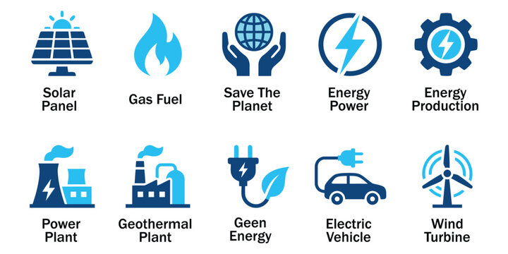 Renewable energy solid icons and green ecology power glyph elements. Vector illustration of flat blue corporate solar panel gas planet turbine representing electric vehicle template.