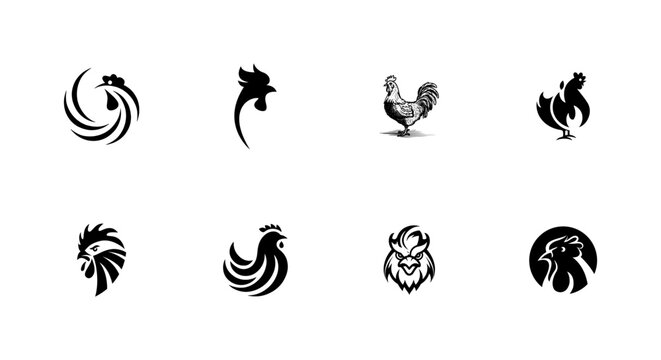 Set of rooster and chicken head logo icons, vector illustrations