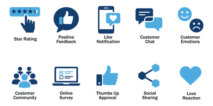 Social media engagement solid icons and customer feedback glyph elements. Vector illustration of flat blue corporate star rating community survey sharing love template.