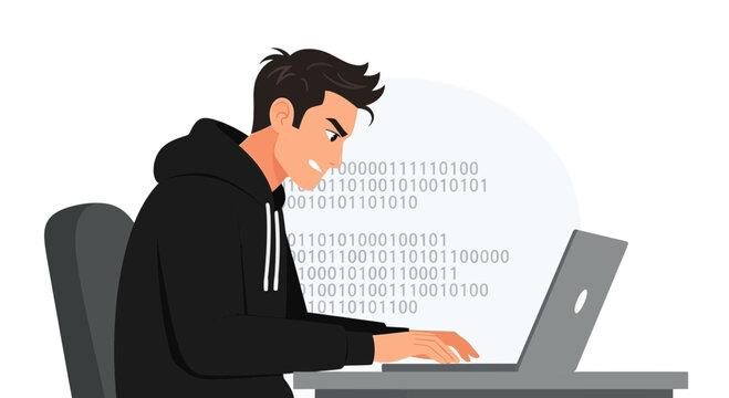 Young man in a black hoodie typing on a laptop with binary code in the background, representing coding, hacking, or IT.