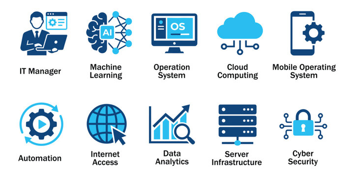 Information technology solid icons and cloud computing glyph elements. Vector illustration of flat blue corporate machine learning infrastructure automation representing cyber security template.