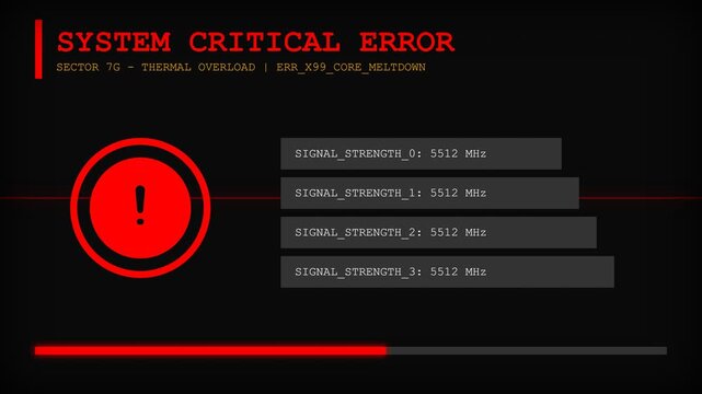 Dynamic animated system critical error screen with glowing red text and exclamation mark icon, displaying increasing signal strength and a progressing loading bar, symbolizing data breach