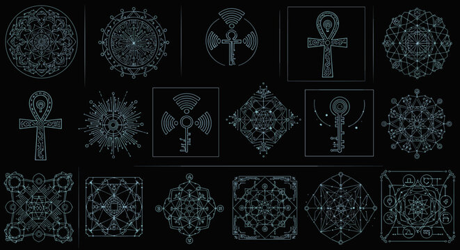 A collection of intricate glowing neon blue line art patterns featuring sacred geometry mandalas and occult sigils arranged in a dark grid against a solid black background.