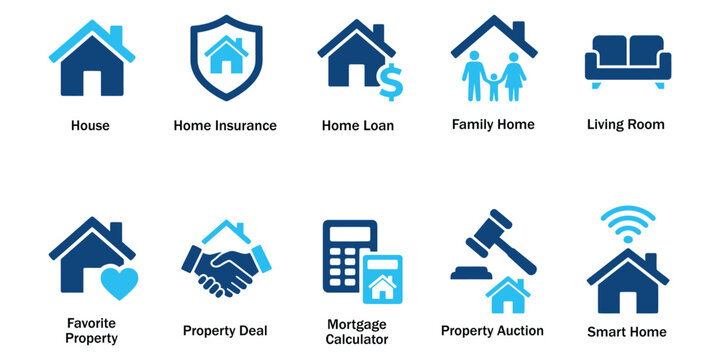 Real estate solid icons and property mortgage house glyph elements. Vector illustration of flat blue corporate home insurance family living room representing calculator template.