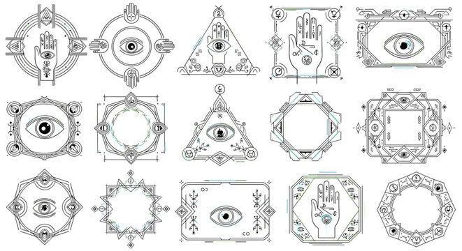 A series of fifteen monochrome line art illustrations featuring stylized eyes, protective hamsa hands, and triangular frames arranged in a grid against a plain white background.