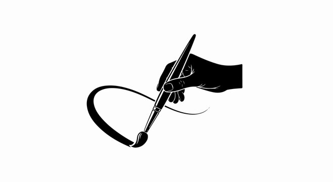 Minimalist artist hand holding paintbrush vector, black silhouette of painter creating a curved brush stroke, creative art studio logo icon