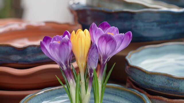Colorful crocuses bloom against a backdrop of ceramic bowls