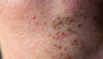 Fototapeta premium Pimple Marks and Uneven Skin Texture Macro Close-Up on Human Face, Acne Scars, Enlarged Pores, Realistic Skin Imperfections, Dermatology and Skincare Concept, Ultra Detailed Facial Texture Background
