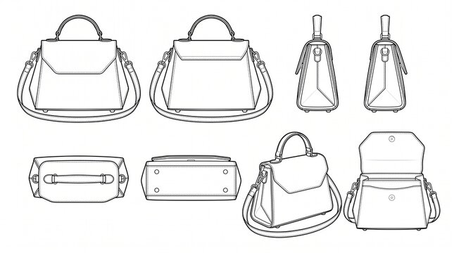 Women's Handbag Technical Fashion Flat Sketch Vector Set - Front, Back, Side, Top, Bottom, Open Views