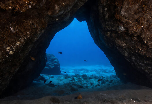 View from a dark underwater cave looking out to the blue ocean