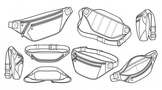 Waist Bag Fanny Pack Technical Flat Sketch Vector Set with Multiple Views and Details
