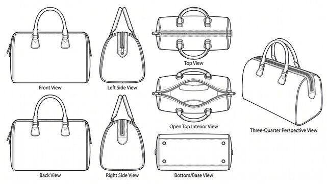 Duffel Bag Technical Fashion Sketch Set Vector Template for Design - Front, Back, Side, Top, Bottom, Perspective Views
