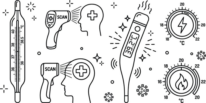 Medical thermometer temperature line icon set with infrared scanner laser gun fever celsius gauge climate control thermostat illustration