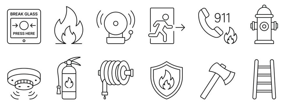 Fire emergency equipment line icons set illustration, including extinguisher, alarm bell, smoke detector, hydrant, hose, and exit sign.