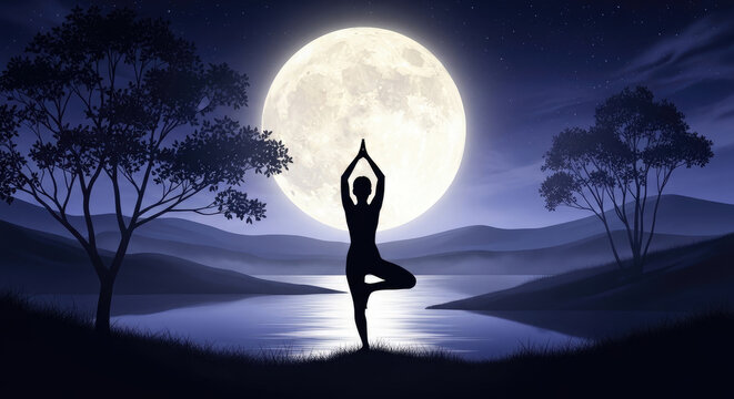 Peaceful tree pose yoga silhouette by the lakeside under a large full moon