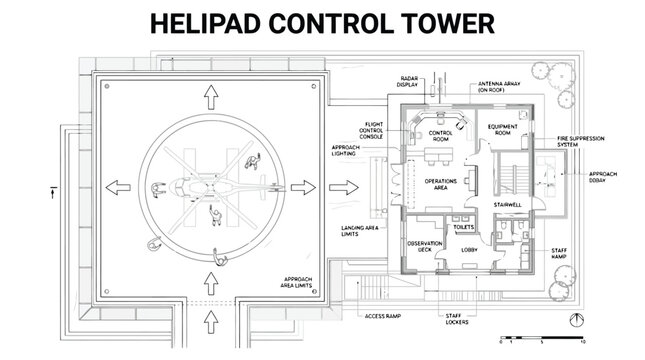 Architectural Blueprint of a Helipad Control Tower with Layout and Features architectural drawing technical illustration