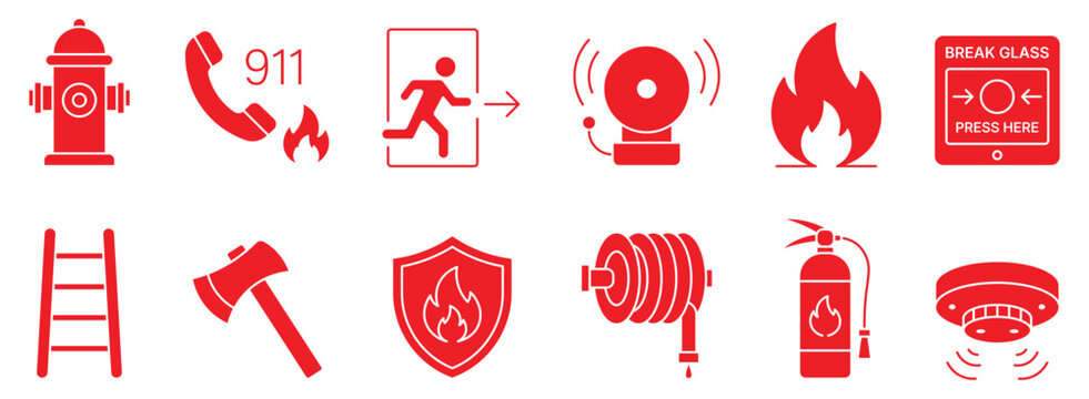 Fire emergency icon set with flat red signs for safety, evacuation, firefighting equipment and smoke detection vector illustration.