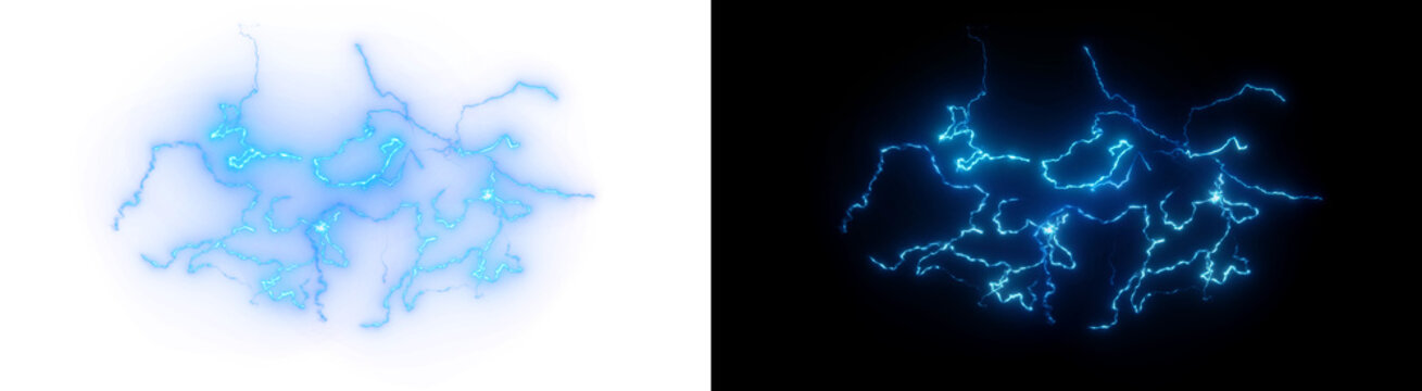 Bright blue electric lightning bolt discharge with glowing plasma energy sparks isolated on transparent background