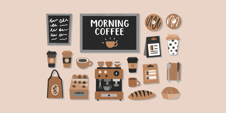 coffee shop collection flat vector illustration cafe