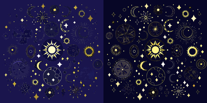 sun moon phases pattern on dark blue