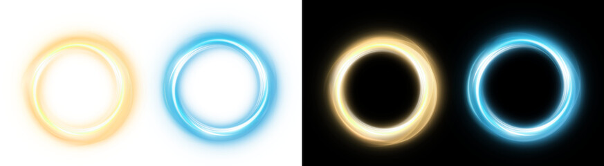 Glowing circular light rings featuring vibrant orange and blue energy swirl effects presented as high quality vector graphics on transparent background © rehena