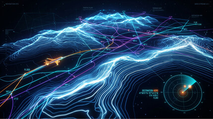 Abstract Digital Air Traffic Control HUD Interface with Airplane. Sci-Fi Aviation Data Stream and Global Navigation System Graphic. 3D Wireframe Landscape with Aircraft Flight Routes and Radar Display © bikram