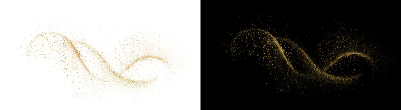 Elegant golden dust particles swirling in a decorative wave motion created with luxury shimmering light effects on transparent background