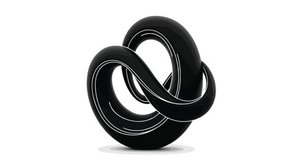 Naklejka premium Abstract black 3D knot sculpture, glossy fluid torus shape with white stripes, modern minimalist twisted loop vector illustration for branding