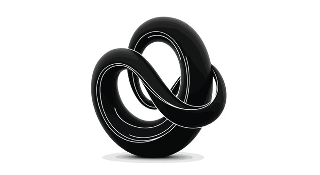 Abstract black 3D knot sculpture, glossy fluid torus shape with white stripes, modern minimalist twisted loop vector illustration for branding