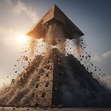 Dramatic pyramid collapse, explosion, destruction, demolition, ancient stone structure