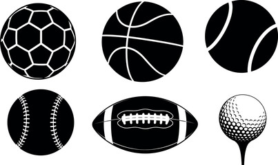 Naklejka premium Black and white line art illustration of six different sports balls including soccer, basketball, tennis, baseball, football, and golf.
