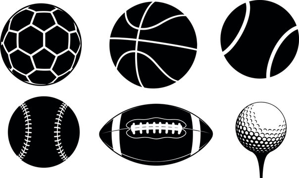 Black and white line art illustration of six different sports balls including soccer, basketball, tennis, baseball, football, and golf.