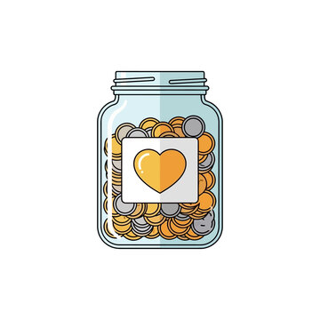Flat color illustration of a savings jar filled with gold coins and a heart label representing charity, donations, and microfinance
