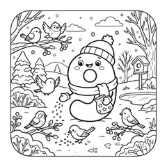 Fototapeta premium Cute Number 9 Feeding Winter Birds Learning Coloring Page for Preschool Kids Ages 3 to 6