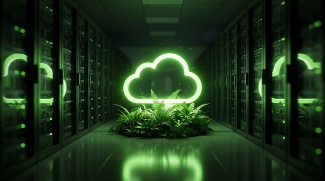 Green cloud computing concept: lush plants growing within a futuristic server room, symbolizing eco-friendly technology and sustainable data.