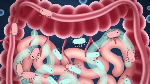 Colorful illustration depicts bacteria in a digestive tract