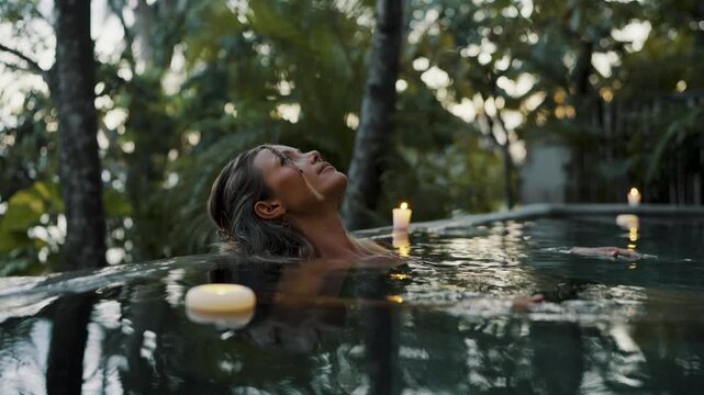 A woman relaxes in a lush jungle infinity pool at a tropical retreat in Flores, Peten.