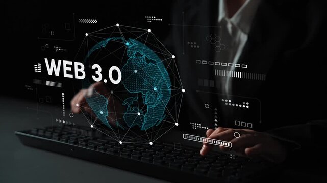 Man typing on a keyboard in a dark environment with digital globe and Web 3.0 text representing the future of technology and online evolution. Entropy.
