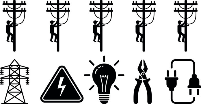 Electrical lineman worker climbing utility pole glyph icon set featuring high voltage tower power lines danger sign lightbulb pliers and electrical plug concepts.