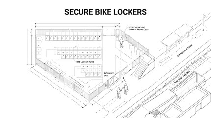 Fototapeta premium Architectural Diagram of Secure Bike Lockers at a Station Platform with Entrance Gate blueprint architectural drawing